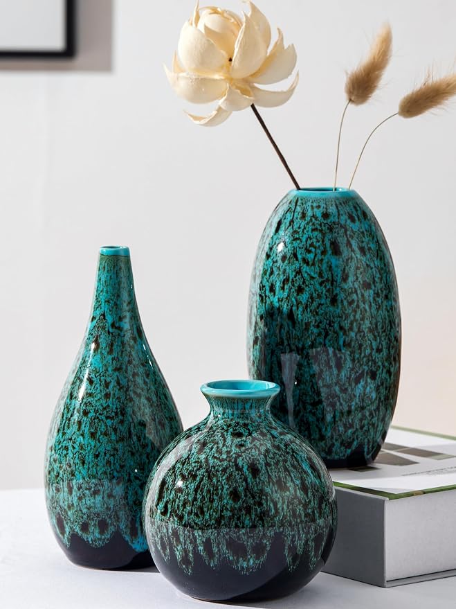 Ceramic Bud Vase Set, Fambe Blue Glazed Finish, Decorative Flower Vases by Fulloog