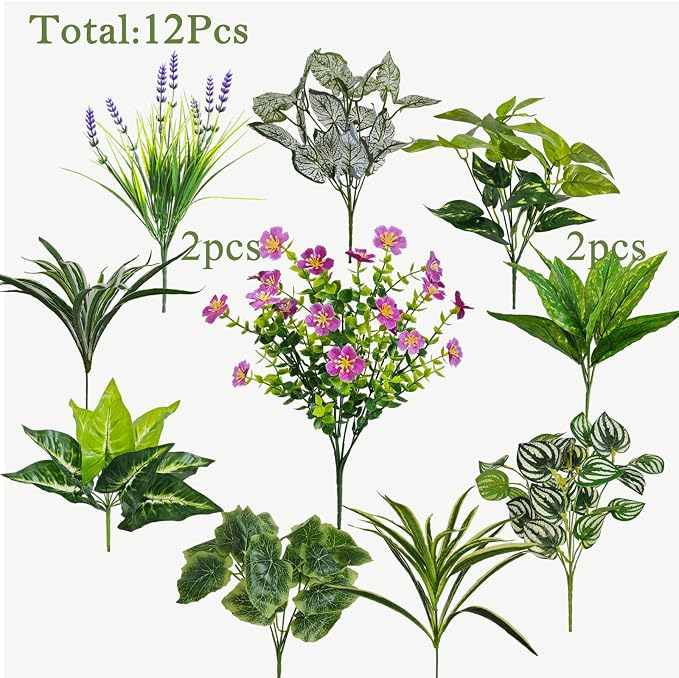 12 Pcs Artificial Plants for Outdoors Faux Greenery Leaves UV Resistant - Image 3