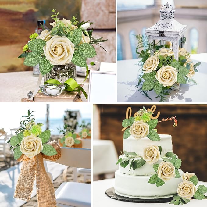 AmyHomie Beige Rose 25pcs Real Looking Artificial Flowers w/Stem | Bouquet - Image 3