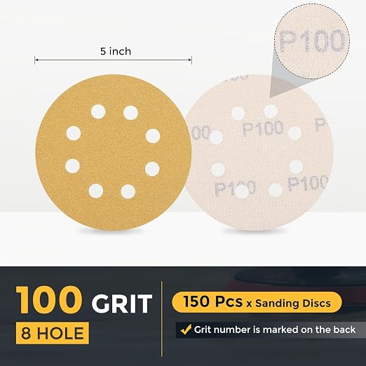 HARFINGTON 150Pcs 5Inch Sanding Discs 100Grit Yellow Aluminum Oxide 8 Hole | - Image 2