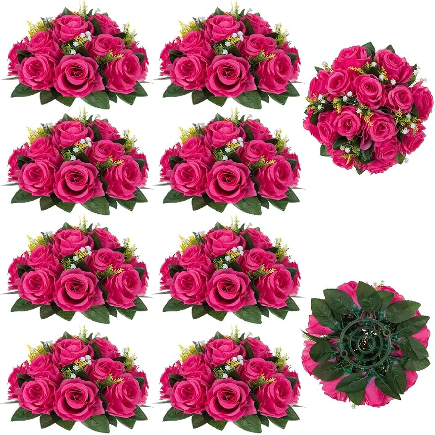 BLOSMON Hot Pink Flowers for Wedding: 10 Pcs Fakel Rose Balls for Table | Easy by Blosmon