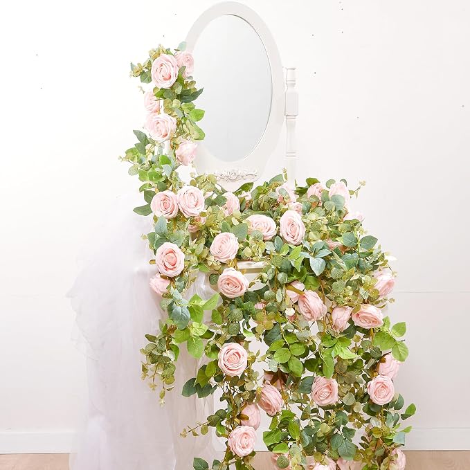 Artificial Flower Garland 2pcs 5.4ft Peony Vine Decor, Light Pink Flower | by PONKING