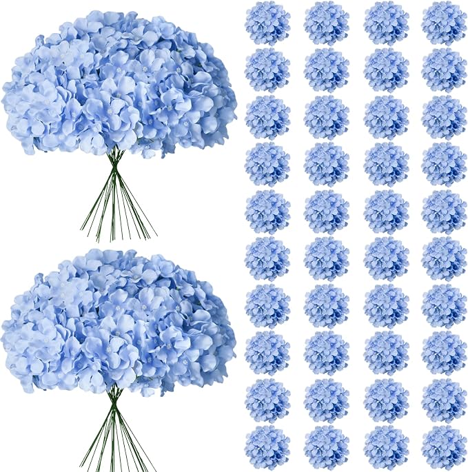 65Pcs Blue Hydrangea Artificial Flowers Bulk，Realistic Silk Fake Flowers by Cherica