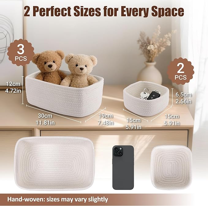 5-Pack Small Woven Rope Storage Baskets, 2 Sizes Organizer Bins | Fabric Cube - Image 2