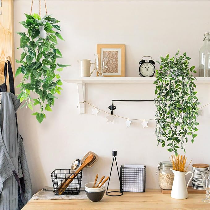 Der Rose 2Pcs Fake Hanging Plants Artificial in White Pots - Image 5