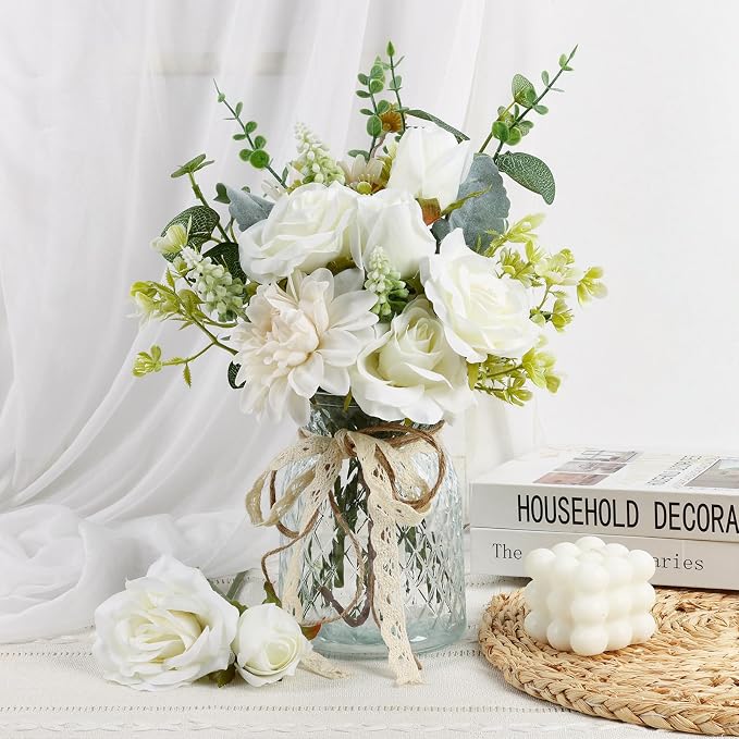 CEWOR Fake Flowers in Vase, Artificial Flowers Arrangement in Vase, Fake Floral by CEWOR