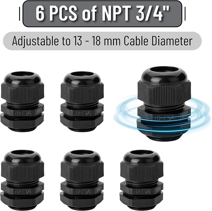 Bates- Cable Gland, 6 Pack, 3/4 NPT, Nylon Strain Relief Cord Connector - Image 2