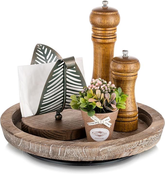 Hanobe Wooden Lazy Susan for Table Centerpiece, Round Serving Tray, 11.2" | by Hanobe