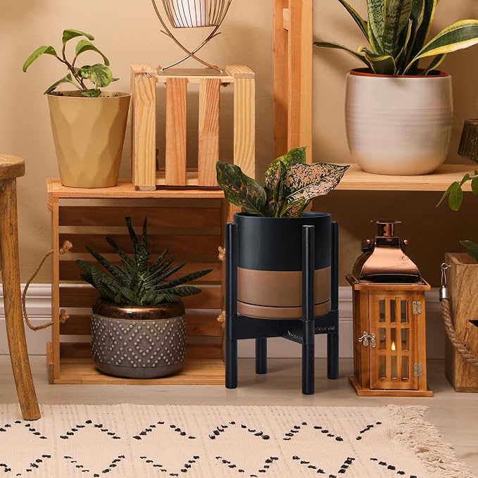 D'vine Dev Ceramic Pot with Ebony Wood Stand, 8 in, 55-B-M-7 | Mid-Century - Image 2