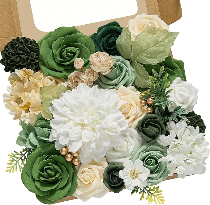 Alecono Green Pink Artificial Flowers, Silk Fake Roses Floral Set | by AleconoBetterYourLife