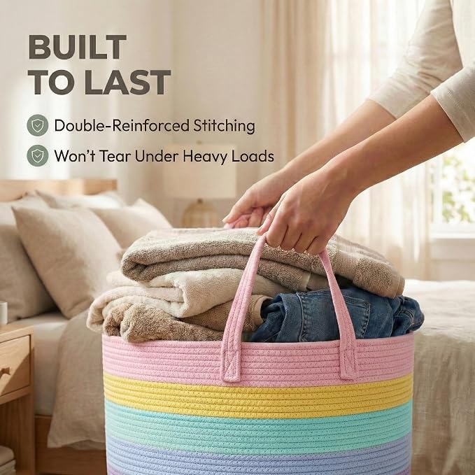JMvicyroam 65L Extra Large Machine Washable Cotton Rope Blanket Basket | - Image 6
