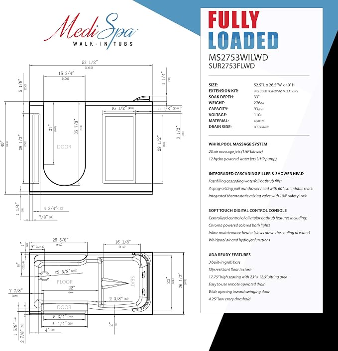 ANZZI Walk In Tub, 27 X 53 In, Right Drain, 12 Whirlpool & 18 Air Jets | - Image 9