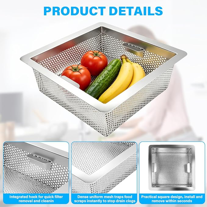 1 Pack 8.5x8.5in Stainless Steel Commercial Drain Strainer Basket - Image 4