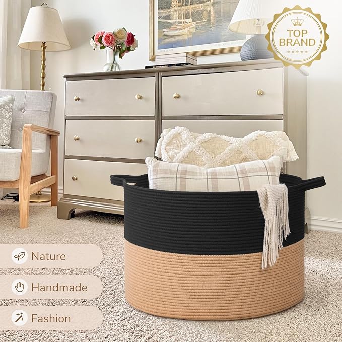 INDRESSME 115L Extra Large Woven Rope Blanket Basket Living Room BlackCamel | - Image 7