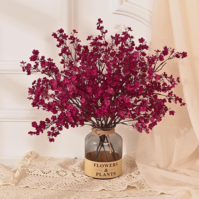 15 Pcs Fall Flowers, Real Touch Babys Breath Artificial Flowers, Burgundy | by Yastouay