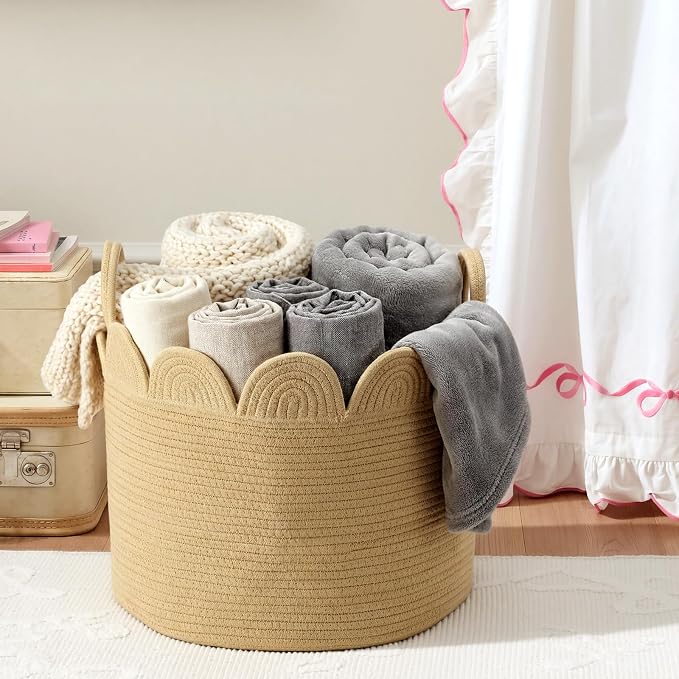 LemonRoad Round Woven Basket Brown, Cotton Rope Scalloped Edge Tassels - Image 3