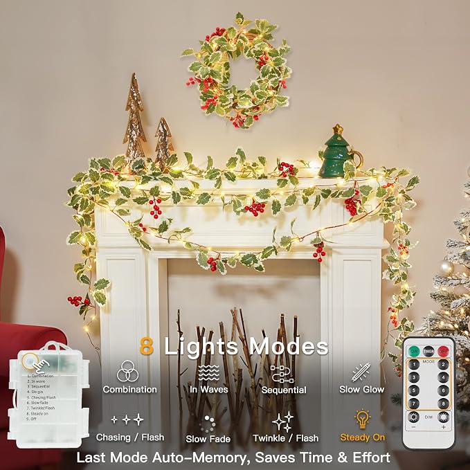 String Light with Red Berries&Holly Leaf Battery Powered Copper Wire | 12.5FT - Image 4