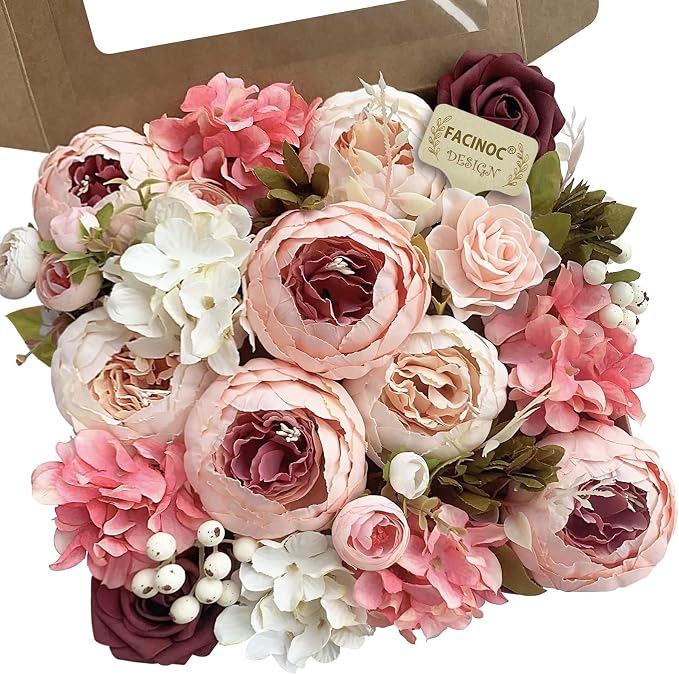 FACINOC Peonies Artificial Flowers Pink Bouquet Box Set Fake Peony Bulk | by FACINOC