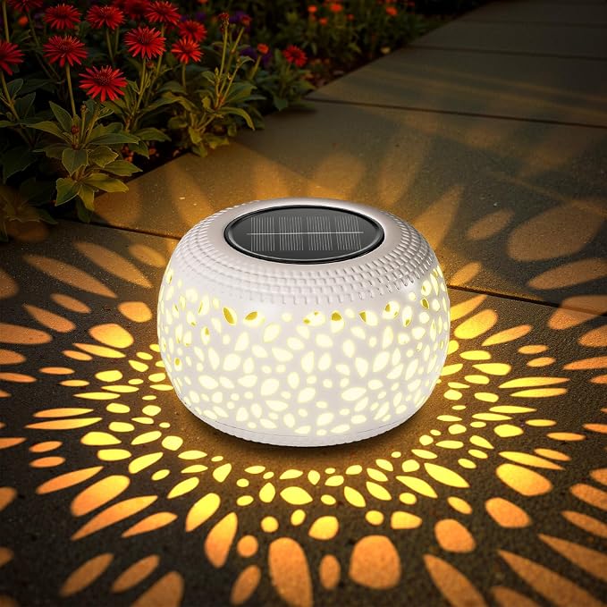 Solar Lanterns Outdoor Waterproof Lights: 2Pack White Hollow Out Metal Table - Image 9