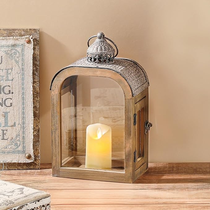 11" High Farmhouse Decorative Lantern, Glass and Metal, Distressed Brown Wood - Image 3