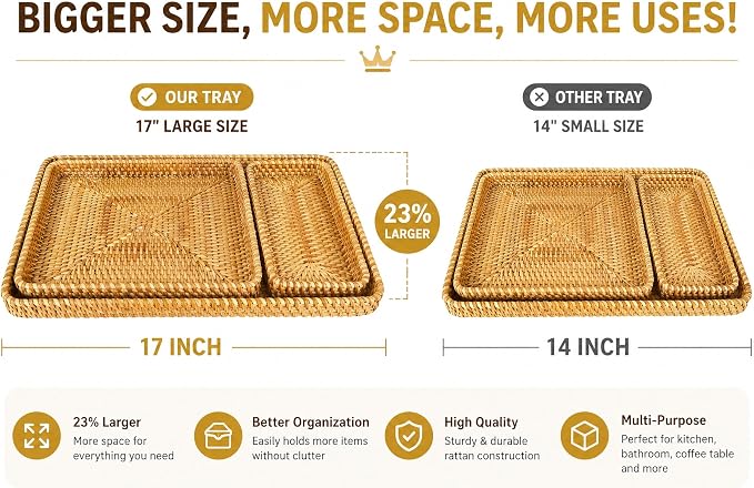 i-lan 17" Large Rattan Nesting Serving Trays, Handwoven Wicker Set of 3 | - Image 4