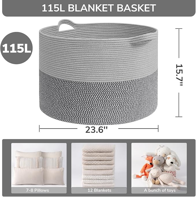 INDRESSME 115L Extra Large Woven Rope Blanket Basket Living Room, bedroom or - Image 2