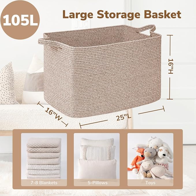 Goodpick 105L Extra Large Woven Rope Blanket Basket, Clothes & Pillows - Image 3