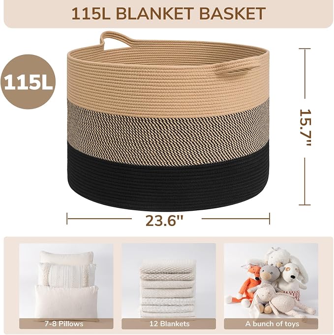 INDRESSME 115L Extra Large Woven Rope Blanket Basket Living Room | 23.6" x - Image 2