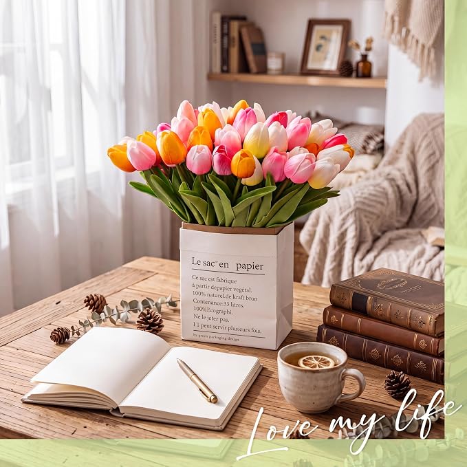 Janinka 120pcs Artificial Tulip Flowers Fake PU Tulips Faux Latex Bouquet - Image 4