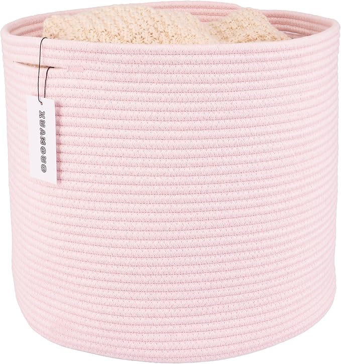 XUANGUO Cotton Rope Basket For Girls Kids 16”X14” pink | Baby Laundry Baskets by XUANGUO