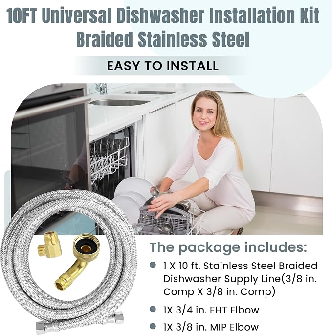 Stainless Steel Braided Dishwasher Hose, 10 FT Connector Kit - Image 2