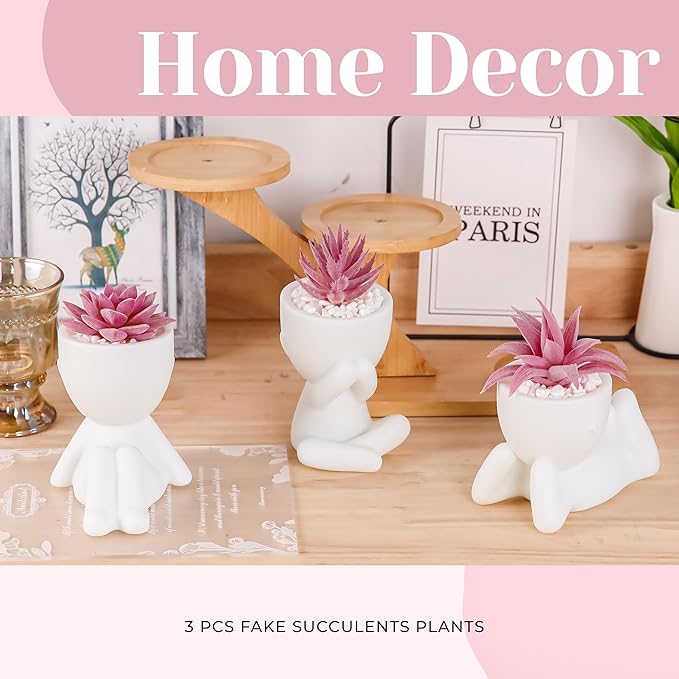 Der Rose 3 Pack Pink Fake Succulents in Human-Shaped Pots - Image 4