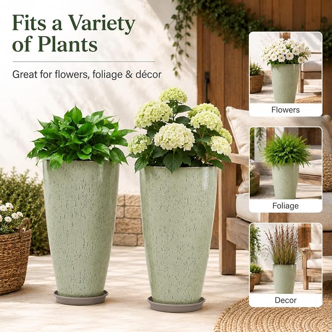 Neoaider Set of 2 Tall Planter, 21 inch Large Plastic Planter, Drip Glaze | - Image 7