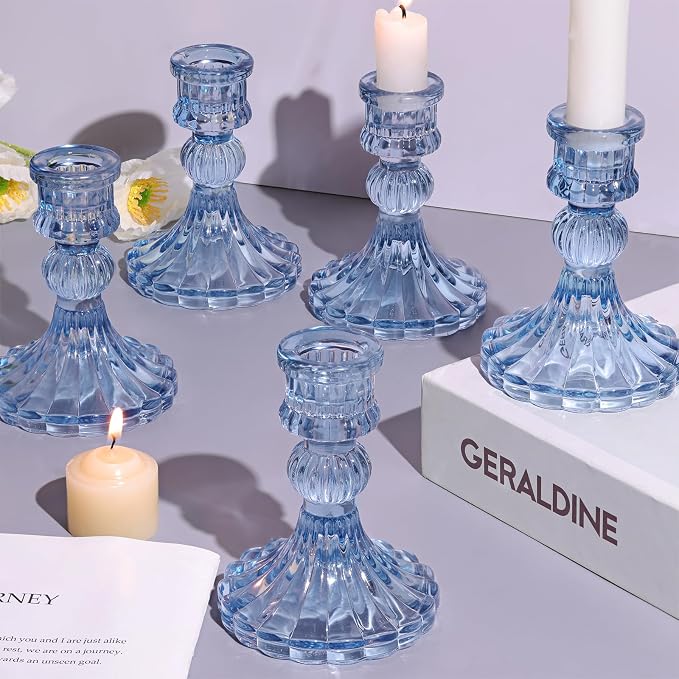 12PCS Blue Candlestick Holders Set- 4" H Taper Candle Holders, Glass Candle by DARJEN