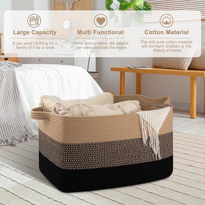 OIAHOMY Extra Large Blanket Basket, 95L Cotton Rope Woven Laundry Basket - Image 5