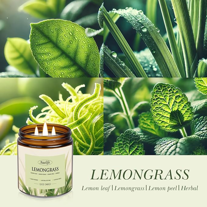 Lemongrass Scented Candle, 3-Wick Jar Candle, 12oz Natural Soy Wax | Indoor & - Image 2