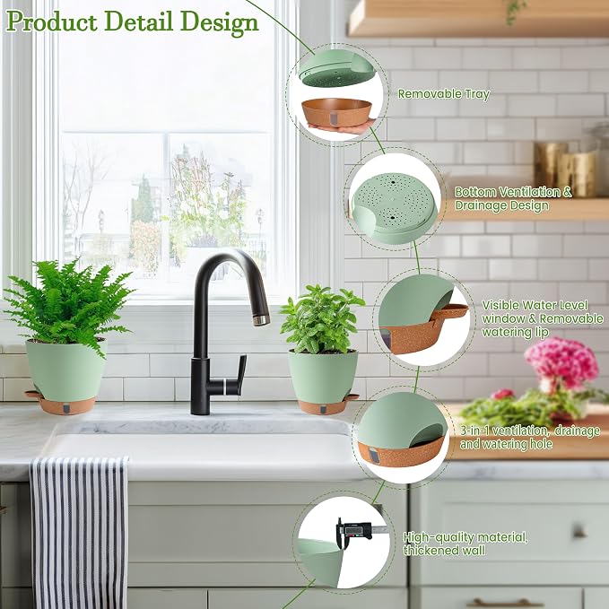 Self Watering Pots for Inoor Ourdoor Plants 8/7/6.5/6/5" Plastic Planters | - Image 8