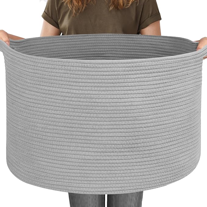 115L Super Large Gray Blanket Basket, 23.6"x15.7" Woven Cotton Rope Storage by MEGASKET