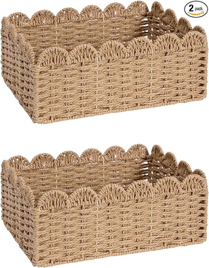 2 Pack Foldable Scalloped Basket, Handwoven Wicker Storage Baskets by Unknown