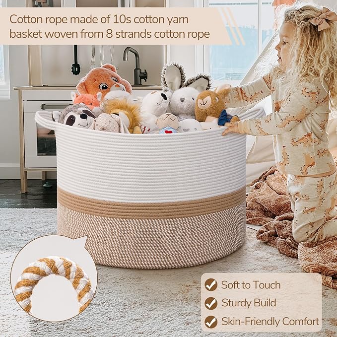 INDRESSME 115L Extra Large Woven Rope Blanket Basket Living Room WhiteCamel | - Image 3