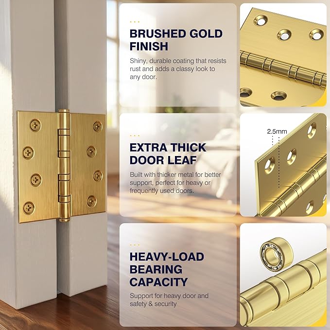 KOLET Ball Bearing Door Hinges, 4 x 4 Inches, Brushed Gold, 3 Pack | Square - Image 6