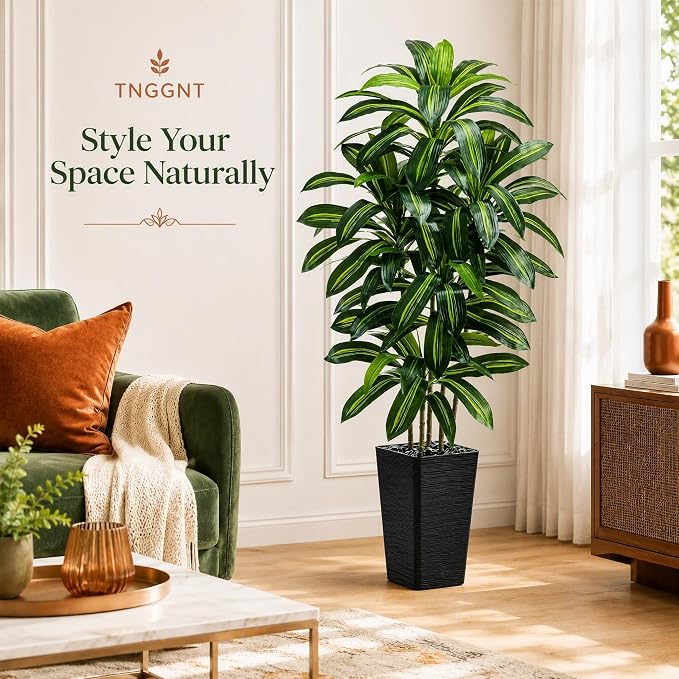 Artificial Dracaena Tree: 6FT Fake Plants Silk Faux Trees（Black Pot） | - Image 2