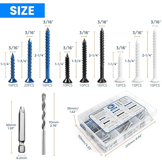 100PCS Concrete Screws Assortment Kit, 3/16" Flat Head Masonry Screws - Image 3