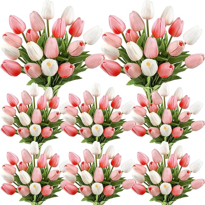 Janinka 120pcs Artificial Tulip Flowers Fake PU Tulips Faux Latex Bouquet by Janinka