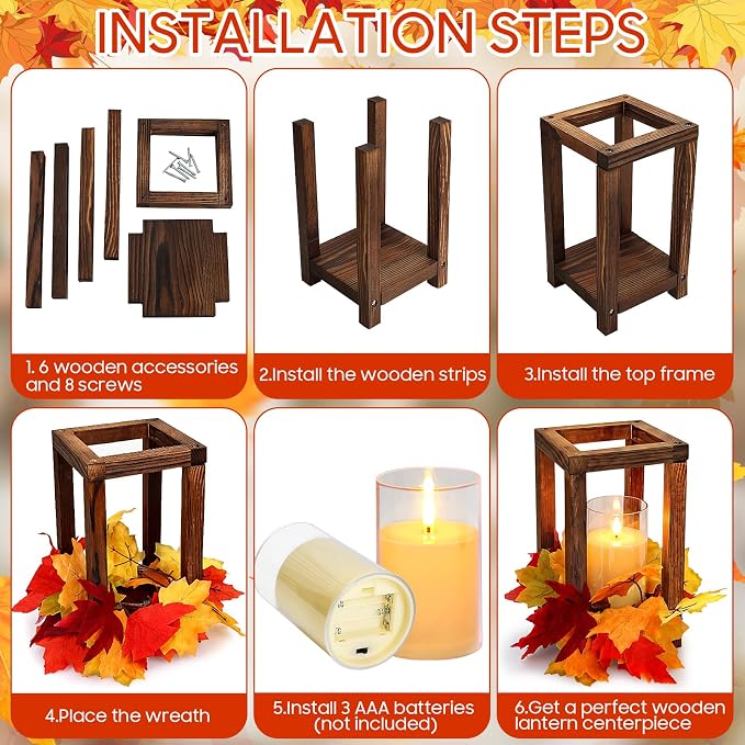 18 Pcs Wooden Lantern Centerpieces, Fall Table Decor | Maple Leaves Candles - Image 3
