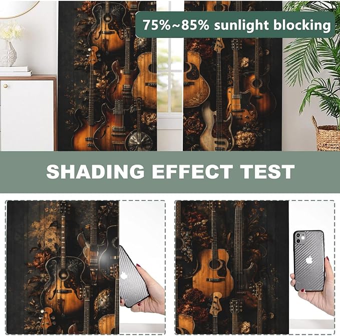 Floral Guitar Music Window Curtains 2 Panels Set, 52 X 84 Inch Polyester Drapes - Image 5