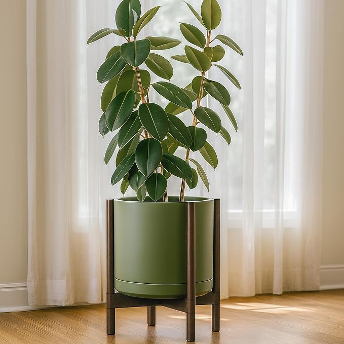 D'vine Dev Ceramic Pot with Walnut Wood Stand, 14 in, 55-B-T-J | Mid-Century - Image 7