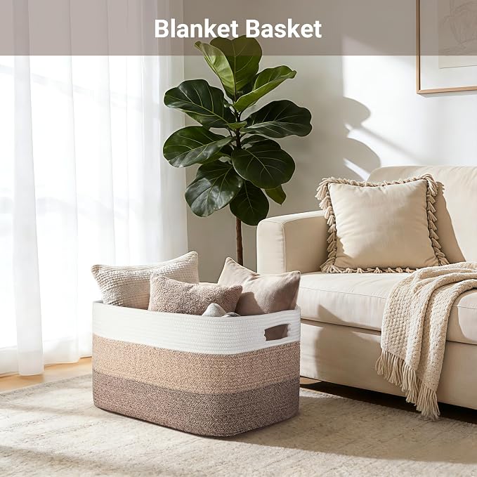 75L Laundry Basket Hamper, Gradient Brown/White, Rectangle Woven Storage Basket - Image 3