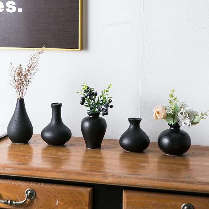 Black Bud Vases, Ceramic Small Vase Set of 5, Mini Vases - Image 2