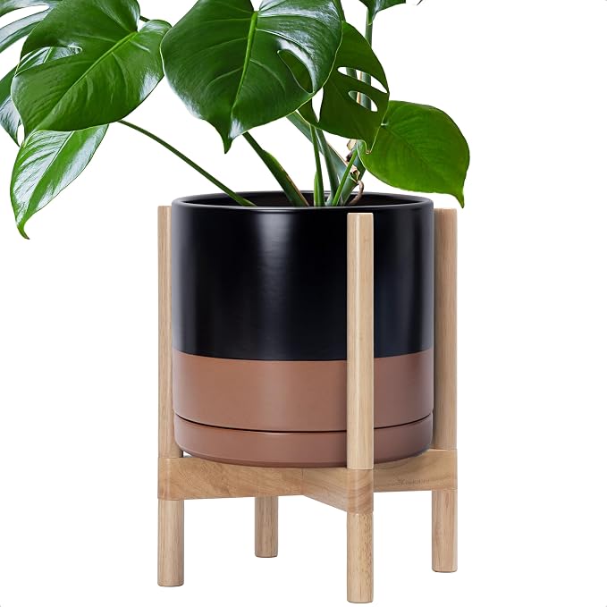 D'vine Dev Ceramic Pot with Natural Wood Stand, 12 in, 55-B-J-7 | Mid-Century by DvineDevPlanterPotsandStand